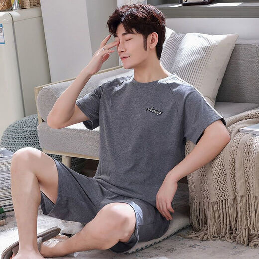 
Mu Fengqing summer men's pajamas cotton plus fat plus size new men's summer home clothes short-sleeved youth Korean style thin half-sleeved 9928# [short-sleeved shorts] L [90-125Jin [Jin equals 0.5 kg]]