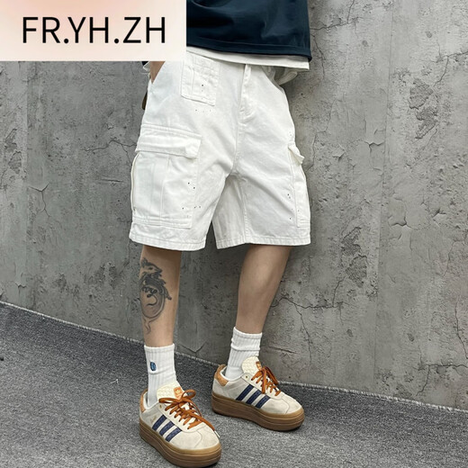 Fr.yh.zh yin xiaoji lavado pesado ropa de trabajo suelto de bolsillo gran bambú de mezclilla blanca pantalones de cinco puntos para hombres y mujeres 1049 blancos M [90-110]