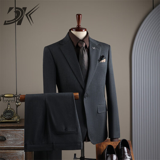 DK high-end men's one-button suit suit men's striped jacket casual business formal dress suit two-piece set one-button dark gray (suit + trousers) 2XL 54 (138-150Jin Jin equals 0.5 kg)