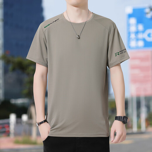 罗蒙夏季冰丝速干短袖T恤男运动透气宽松圆领体恤 17088浅棕 2XL 145-160斤