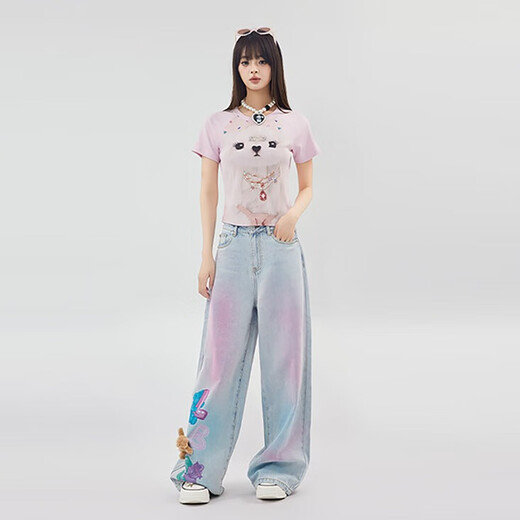 LALABOBO时尚涂鸦阔腿牛仔裤女装2025新款立体熊拖地腮红裤子LBEB-WXZC28 中蓝白 常规 24
