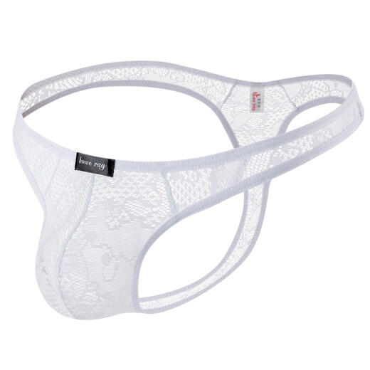 Mozilan men's underwear translucent sexy t-pants lace thong sexy low-waist U convex bag briefs briefs white XL