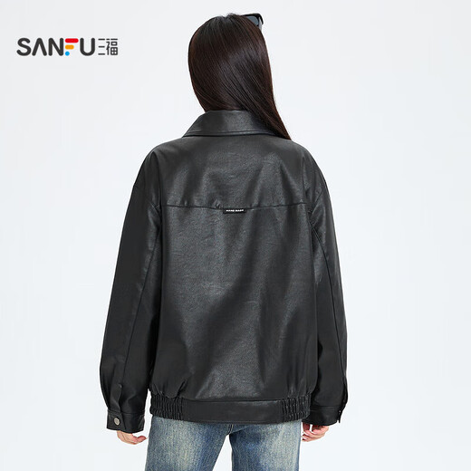 三福（SANFU）春季外套女2025新款立体口袋PU皮衣宽松百搭时尚夹克上衣女装 棕色- 薄款 S