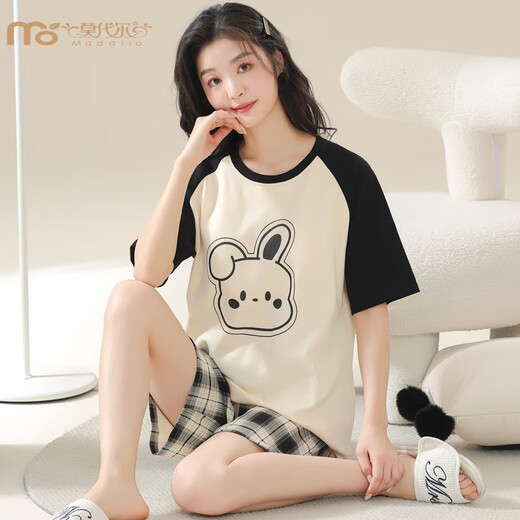 Modal summer short-sleeved plaid pajamas suit fat MM women 200 Jin [Jin equals 0.5 kg] Home clothing Korean version loose and can be worn outside casual cartoon KNC3519 L