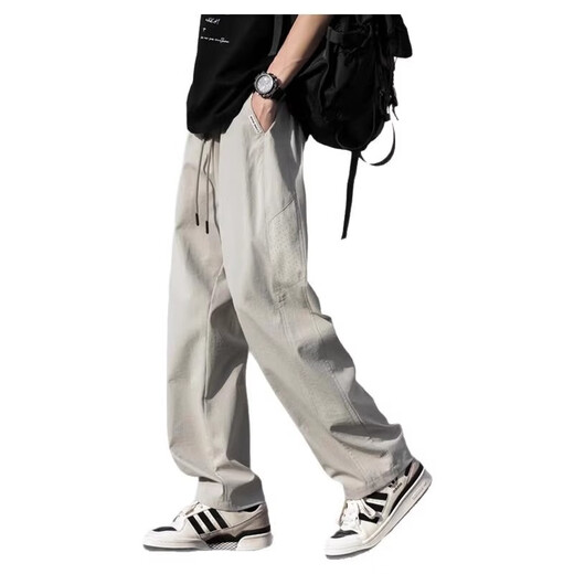 Pantalon occasionnel du pic pour hommes 2025 Tendance d'été Ice Silk pantalon droit lâche pour hommes adolescents drapage polyvalent pantalon haut de gamme pour hommes 6636 gris + 6636 Green militaire L recommandé 110-130jin [Jin équivaut à 0,5 kg]