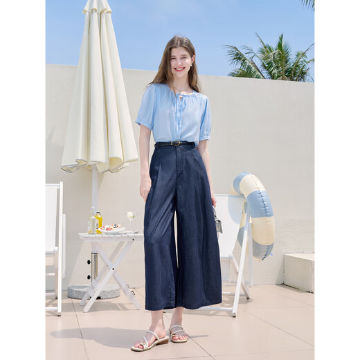 Baitu (Off-Regale) Betu-Frauenkleidung 2025 Sommer neue Weitbein-Jeans A-Typ Presse-Praxis-Hose Schlampe Hose Dark Jeans Blue L.