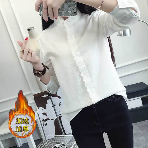 Plush white shirt for women, autumn and winter Korean style loose cotton stand-up collar shirt, warm inner layer, thickened base shirt H68 white M