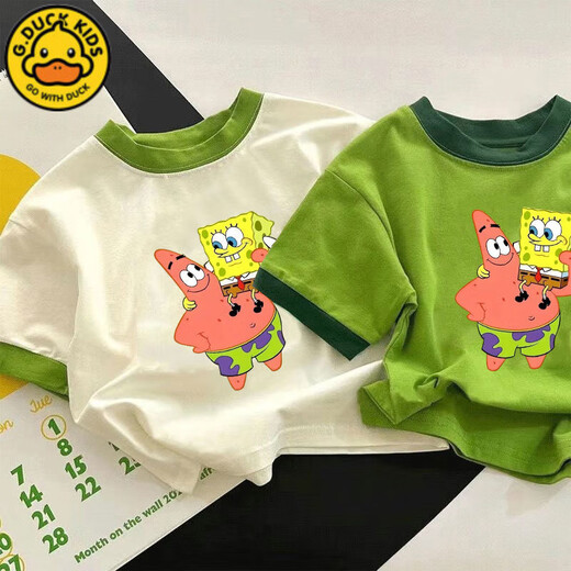 G.DUCKKIDS男童女童纯棉短袖T恤夏季新款卡通海绵宝宝半袖儿童洋气上衣t 673绿色【派大星抱 海绵宝宝】 120