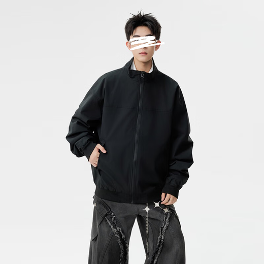 Homlean solid color jacket men's autumn versatile loose top stand collar fashion jacket casual versatile HK16 black L