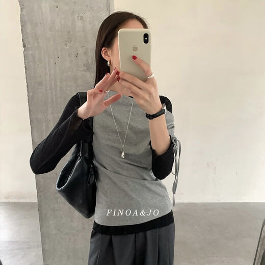 
Yimuqi Feino FINOA Korean simple sense commuter one-shoulder drawstring design diagonal collar top 12357 black S