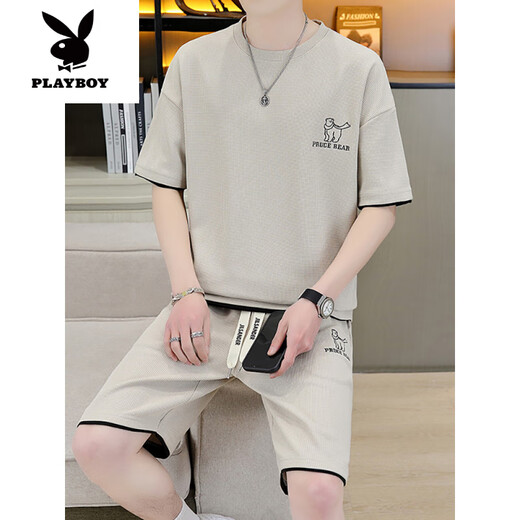 Playboy (Playboy) High-End-Casual-Sportanzug für Herren-Sommer-Shorts mit atmungsaktivem T-Shirt für Herren-Sommer-Teenager [SET] 6182 Aprikosenfarbe 2xl (Empfohlen 155-175jin [Jin gleich 0,5 kg]))