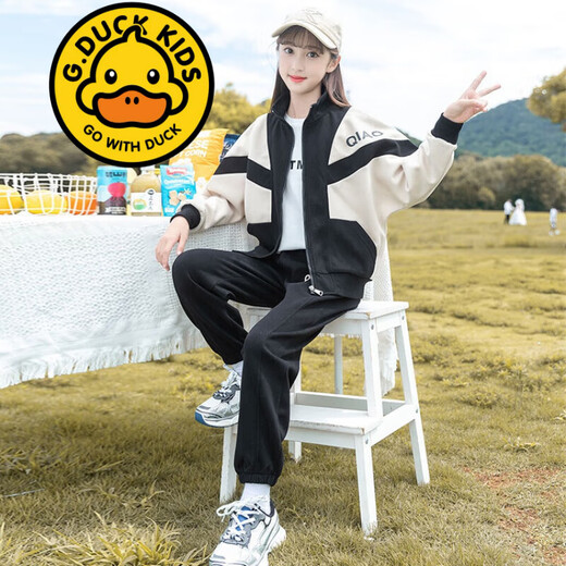 G.DUCKKIDS品牌童装3-14岁女童秋装套装春秋款8儿童外套裤子6女孩洋气两件套 1396H 加厚保暖冬装 灰色 加绒 170