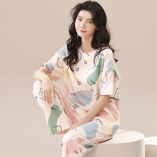 Langsha 100% pure cotton pajamas for women in spring and summer short-sleeved trousers casual loose women Korean style home clothes for autumn wear suit T-9711 (short-sleeved trousers) XL size (125-145Jin [Jin equals 0.5 kg]) All size