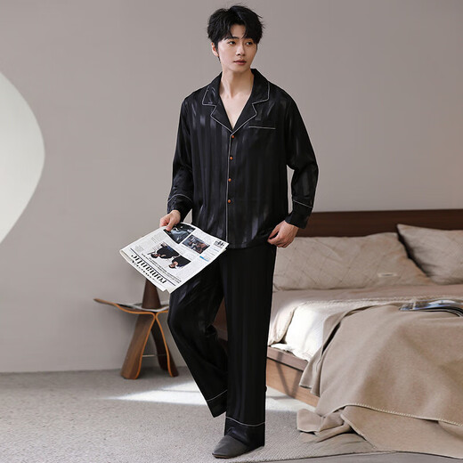 Catman MiiOW strictly selected men's pajamas, large size long sleeve suit, simulated silk, for boyfriend, father to wear home clothes outside Q9901 apricot color M L recommendation 165-170c, 105-130