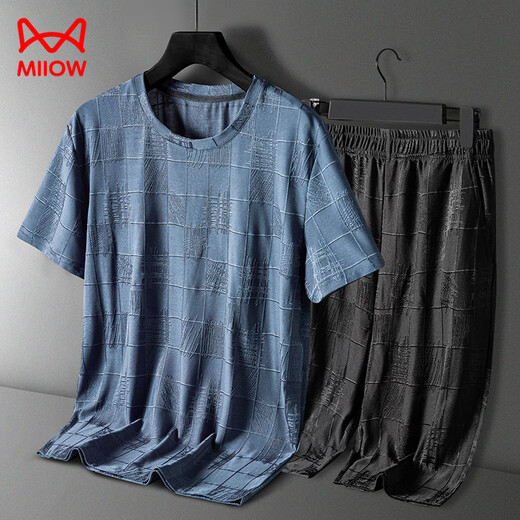 Catman (Miiow) 2025 Neue Pyjamas-Sommermodal-Ice-Seiden-Kurzärmel-Hosen Herren-Outfits können zu Hause Kleidung tragen 9906 Graublau [Kurzärärmel + Shorts] Set XL [105-120jin [Jin gleich 0,5 kg]]