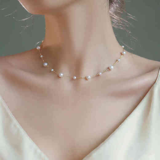 Yuansi 18k gold freshwater baby's breath necklace with large and small intervals can be stacked with clavicle chain sweater chain 4-5/6-7mm default k yellow 45cm