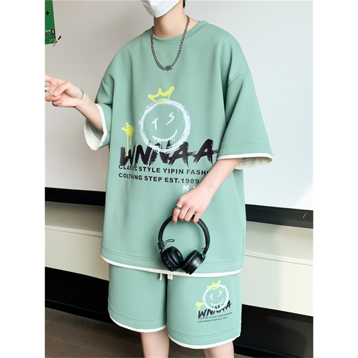 歌古森夏季运动套装男孩时尚潮流12-15岁青少年初中生短袖短裤学生男装 9928米色 M 80-100斤可穿