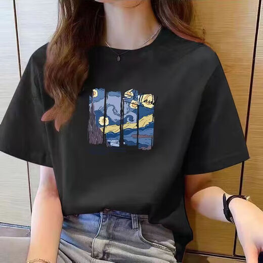 220g T-shirt à manches courtes en coton pur pour les femmes 2025 Été lâche et polyvalent rond à épaule droite T-shirt imprimé B701yl 1491 blanc M