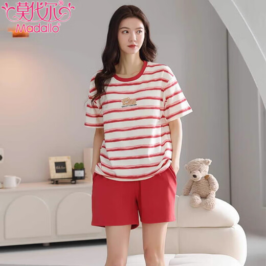 Modal Pyjamas Frauen Sommer 2024 Neue kurze Baumwoll-Kurzärmel-Shorts Zweiteiler Anzug Sommerstreife Hauskleidung kann außerhalb von Z9859 L getragen werden [empfohlen, 100-120 Jin getragen zu werden [Jin ist gleich 0,5 kg]]