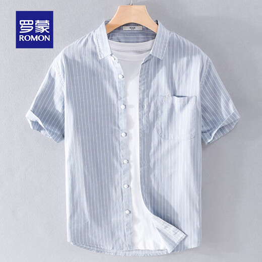 Luo Meng Herren-Streifenhemd, kurzärmelig, lockerer Sommer, dünn, japanisches Freizeit-All-Match-Hemd, Sommer-Herrenkleidung 9740, Blau, L