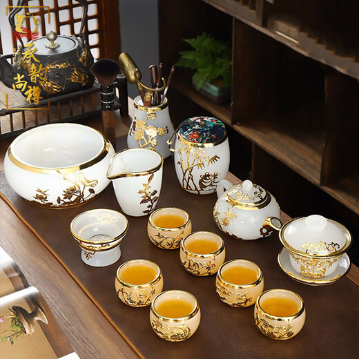 Chengyun Shangzun inlaid with gold and jade tea set, colored glaze pure handmade Kung Fu tea cup set, home office gift teapot cover bowl, colored glaze set (large set of 14 heads)