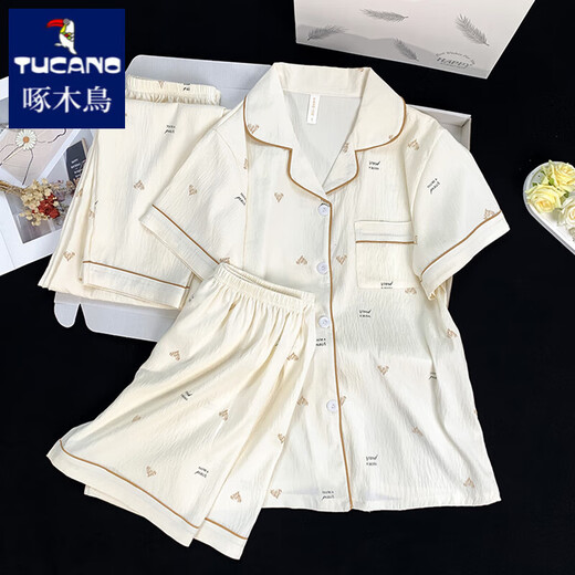 В дятеле Японское молоко Huhu Pure Cotton Make Make Summer Pajamas Женская набор из трех частей Лето простая домашняя одежда с короткими рукавами на открытом воздухе F9922# Трехэтажный комплект M [Предлагается 75-100JIN [JIN равно 0,5 кг]]