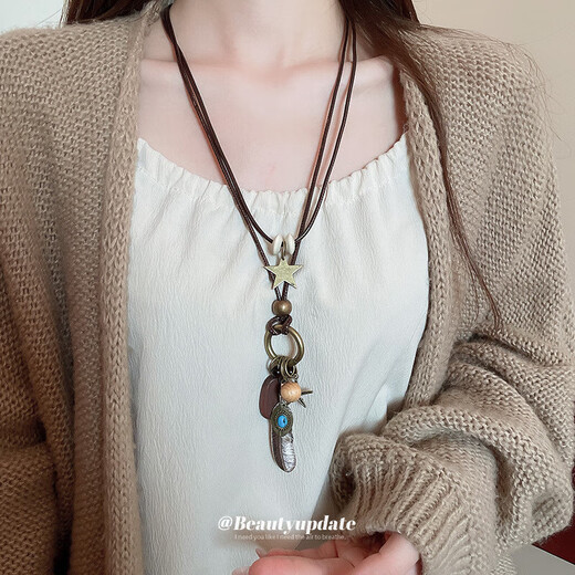 Medieval style artificial wood geometric pendant necklace bohemian style clavicle chain retro personality jewelry for women Necklace - gold - coffee color
