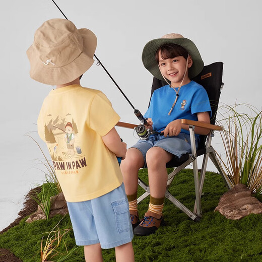 PawinPaw 5A antibacterial cartoon bear children's clothing 25 spring and summer new style boys and girls short-sleeved T-shirt Blue blue/50 120