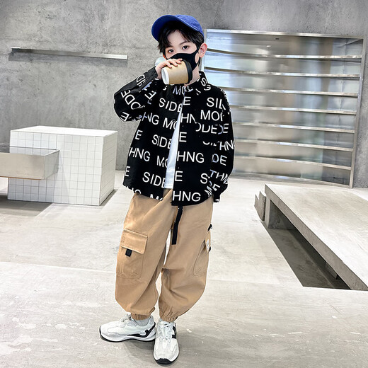 Xinyouyu 2025 new boys' shirts for spring and autumn, large children's shirts, trendy letter printed shirt tops, black 120