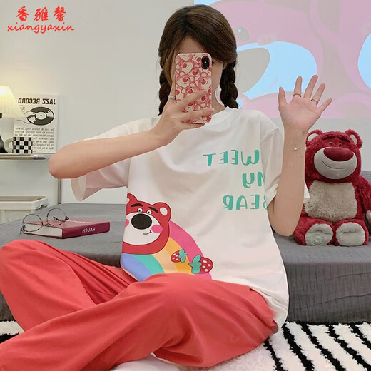 KNFN睡衣女2024年新款夏季纯棉短袖长裤薄款韩版宽松可外穿家居服套装 6625爱心小熊 M 码80-100斤