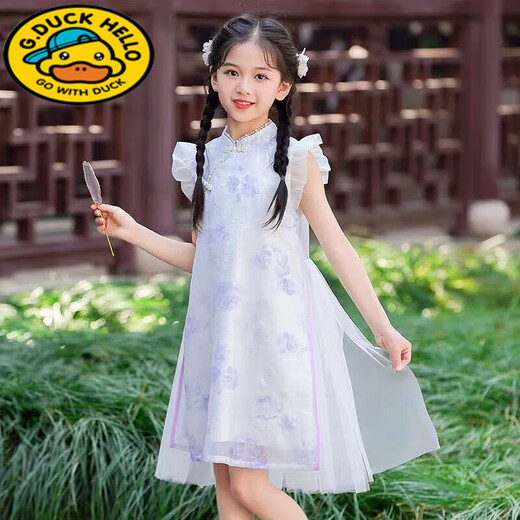G.duck girls Hanfu dress 2026 new summer little girl Chinese style cheongsam princess dress summer children's dress thin gold 120