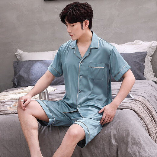 ZIPJBX夏季仿真丝睡衣男士夏款短袖短裤套头薄款冰丝绸男款休闲家居服套 开衫款9864-灰蓝色 L (100-125斤)