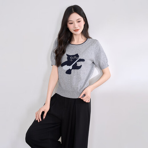 Xiyu Sweater delgado de manga corta para mujeres 2025 Summeres nuevos gatitos bordados Séteres cortos grises S (155)