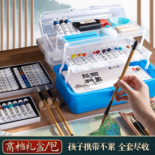 Green Bamboo Painting Materials (CHINJOO) Chinese Painting Pigments 12ml 12 Colors 14-piece Set Children's Ink Painting Box Single Pigment Primary School Students Entry-Level Chinese Painting Supplies Tools Full Set of Art Sketching with Brick Box