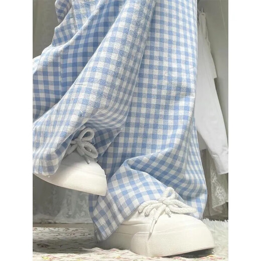 【多巴胺】女装夏季新款高腰宽松显瘦垂感拖地阔腿裤休闲裤子格子 天蓝色-清爽显白-撞色显瘦 薄款 均码 (160) 90-120斤穿