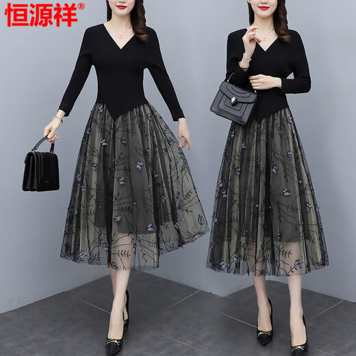 Hengyuanxiang yarn dress for women Spring and Autumn 2025 new summer high-end exquisite luxury brand temperament celebrity fake two-piece suit Black XL recommended 115-125Jin [Jin equals 0.5 kg]