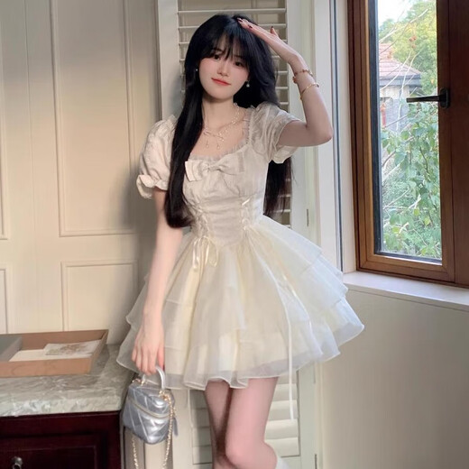 亨美初白色法式连衣裙裙子女夏季2025新款高级感小个子减龄纯欲礼服短裙 蝴蝶结提花仙女感公主蓬蓬裙 L 【建议80-115斤】