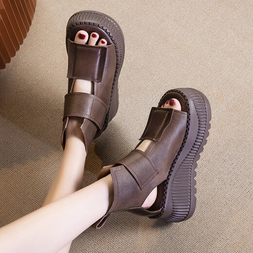 Lairan cowhide sandals thick-soled heightened women's shoes, wedge velcro hollowed-out Roman shoes versatile 2025 summer new style black 37