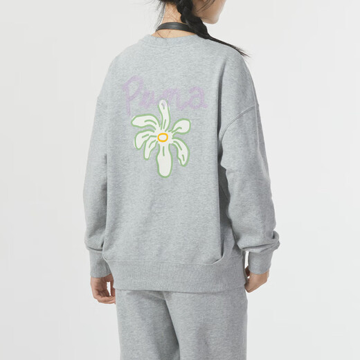彪马（PUMA）套装棉女 刺绣LOGO时尚花卉针织运动服圆领卫衣套头衫长裤休闲裤 灰色上下套装/内里毛圈 XS