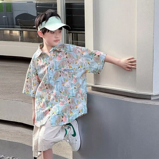 TTPMER男童夏季短袖衬衫薄款花衬衣休闲男孩夏装上衣 6626图片色衬衫【上衣】 120