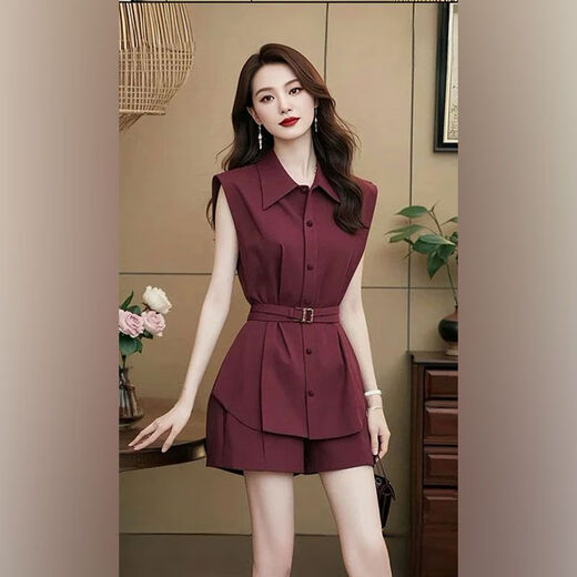 恰凡（QIAFAN）套装女夏装搭配一整套小个子时尚洋气炸街减龄小香风酒红色两件套 酒红色衬衫+酒红色短裤两件套 送腰带 M  建议80-100斤