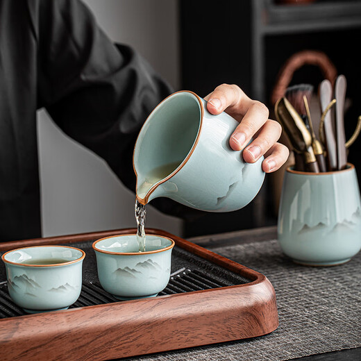 Porcelain brand tea set, official kiln ink and wash Guanshan tea set, complete set of high-end ceramic Kung Fu tea set, open piece can be used to grow teapot and bowl, ink and wash Guanshan lifting beam teapot and bowl, 8 cups, 13 pieces + tea tray