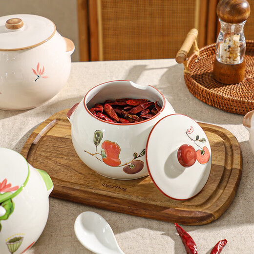 Sheli ceramic lard can with lid, high temperature resistance, household oil pot with lid, oil pot, seasoning jar, chili oil special medium lard pot 880ML - lotus style, with lid and spoon | can pour boiling oil