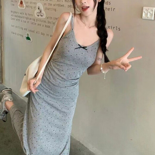 AFTER MONDAY灰色波点吊带连衣裙显瘦收腰气质夏季长裙 短款【6623#】 S