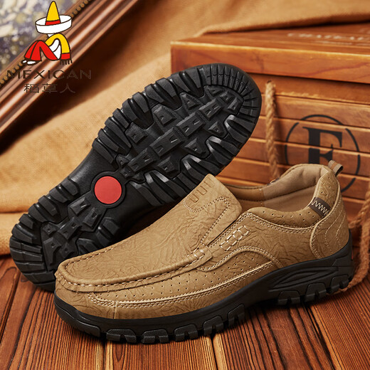 Scarecrow (MEXICAN) outdoor men's shoes genuine leather breathable cowhide big head leather shoes waterproof thick sole soft sole dad's shoes workwear shoes sports mountaineering DWW-6198 black 38