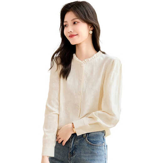 Elle aime une chemise à manches longues pour les femmes, une chemise à col fongique noir pour les femmes, un tissu rétro jacquard, un col debout, des hauts pour femmes, de petites chemises, T41S067