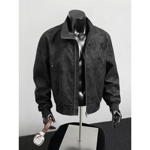 Jufeng Maillard PU leather bomber jacket men's high-end handsome short coat American retro stand-up collar baseball uniform brown XL