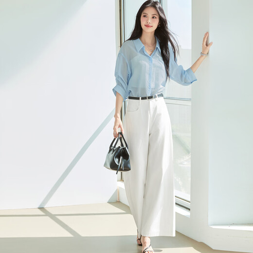 
Eifli (eifini) Eifli striped quarter sleeves V-neck sleeves design blue shirt women's small top 2025 summer new blue L
