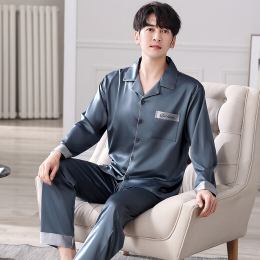 Le pyjamas de style Victoria Men's Ice Silk Spring and Summer Minure à manches longues fraîches peut être portée à l'extérieur pour l'âge moyen et l'imitation de la soie de la soie
