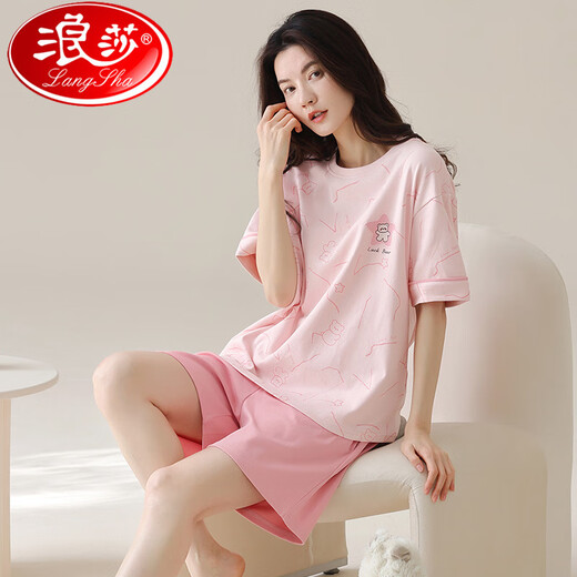 浪莎（LangSha）2025款睡衣女夏季短袖短裤纯棉圆领薄款甜美粉色家居服套装可外穿 Z9859 L 【建议100-120斤穿】